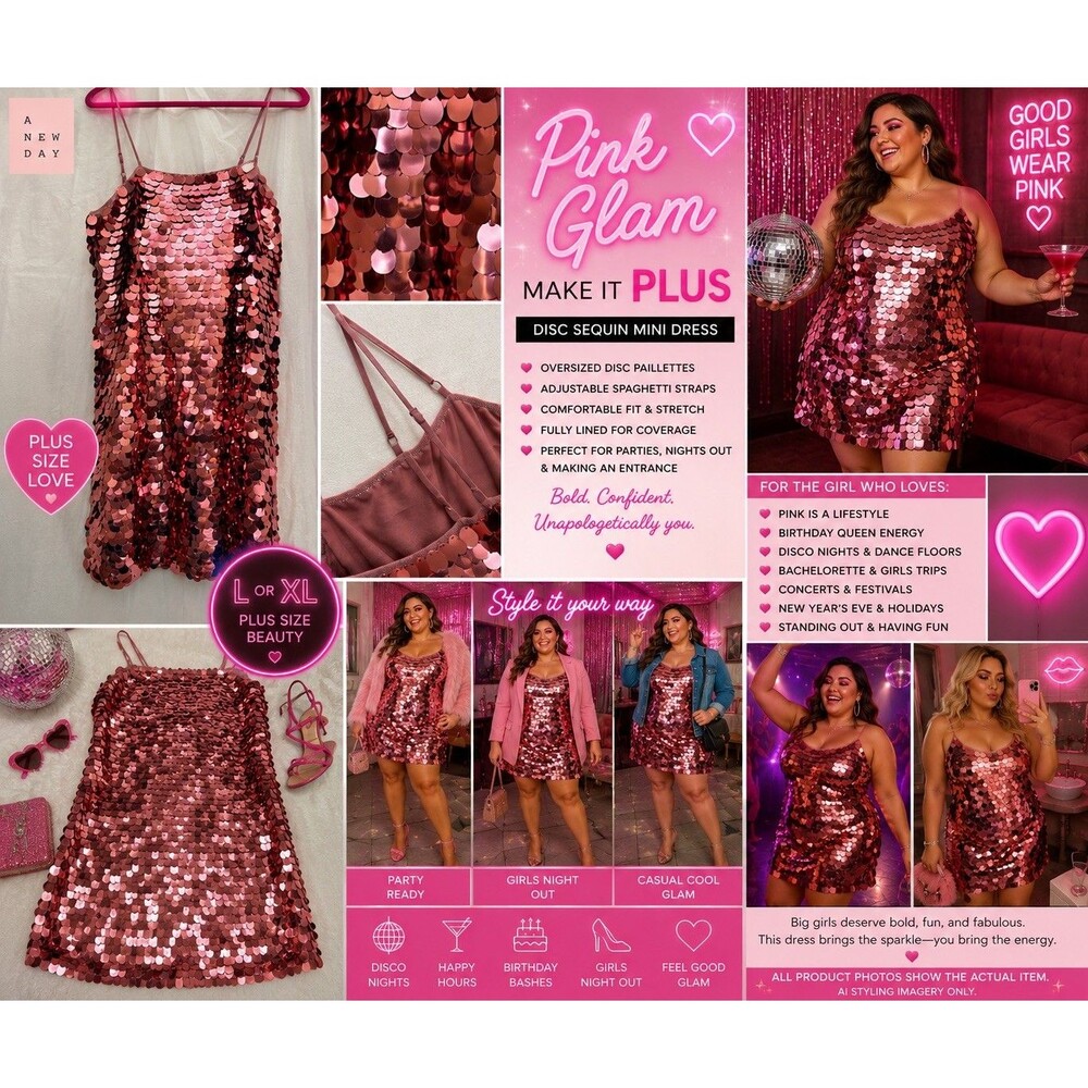 A New Day Pink Paillette Sequin Mini Dress XL Disco Party Dopamine Glam Clubwear